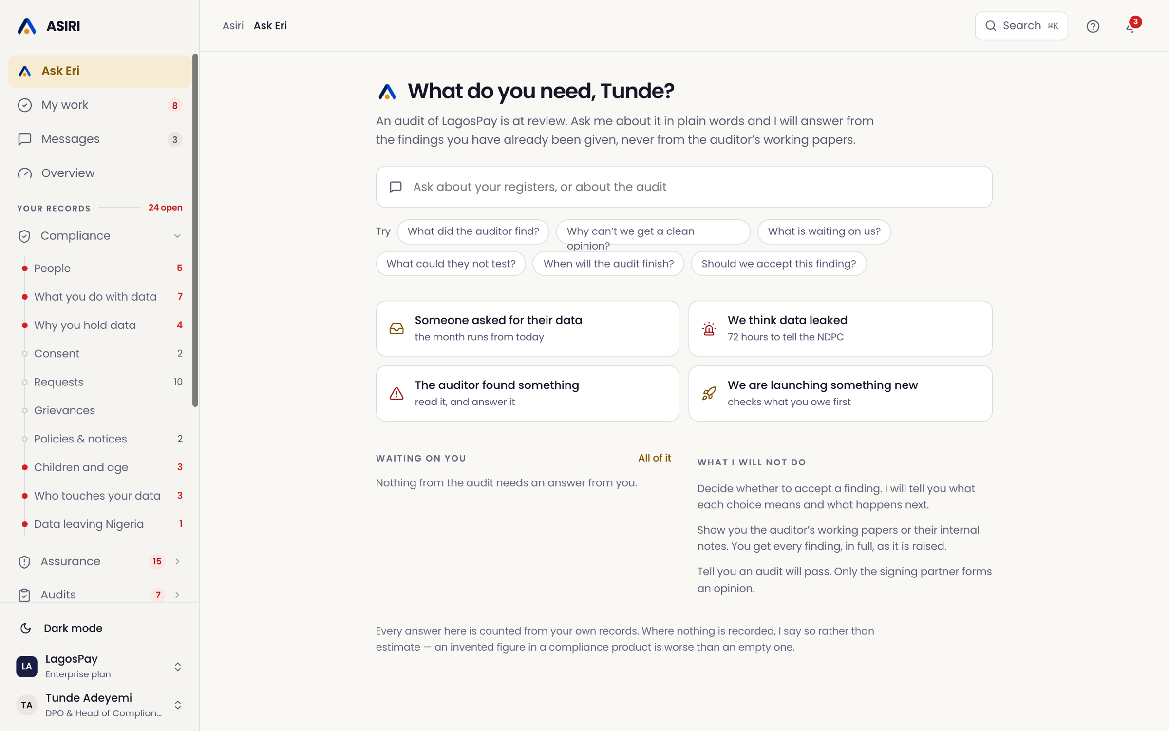 The Ask Eri screen with suggested questions about a demonstration audit