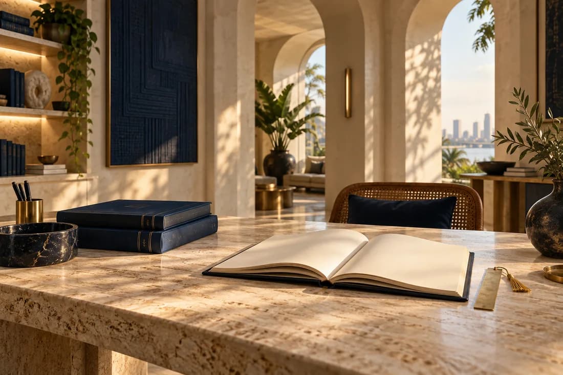 An open book and navy reference volumes in a sunlit reading room