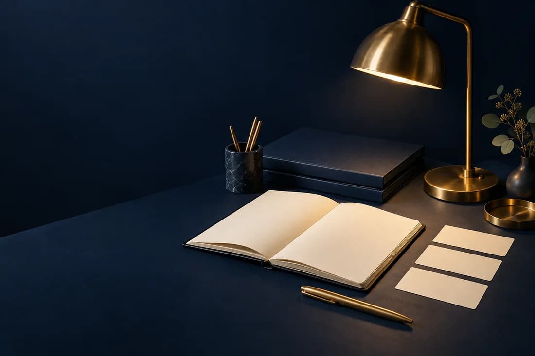 An incident notebook, organised index cards and a brass desk lamp