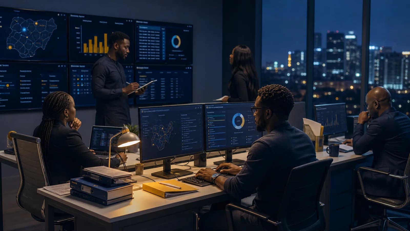 Compliance operations team reviewing privacy dashboards in a Lagos office