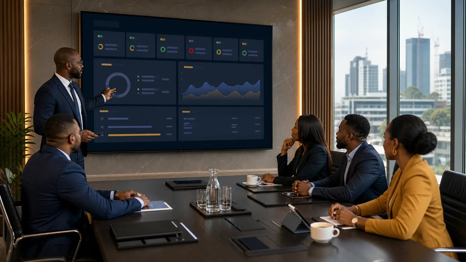 Compliance consulting team presenting a multi-tenant portfolio dashboard