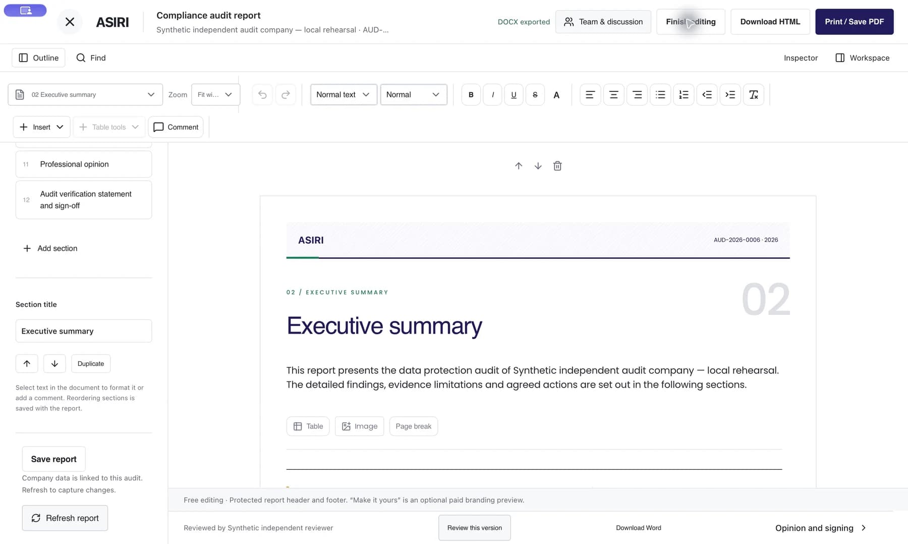 Asiri Mac report editor with an editable executive summary, document outline, formatting tools and PDF and Word export actions