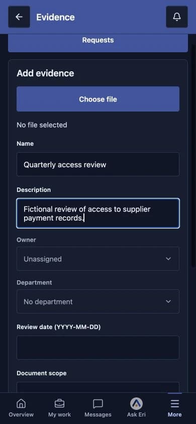An unsaved mobile evidence draft with a fictional access-review description