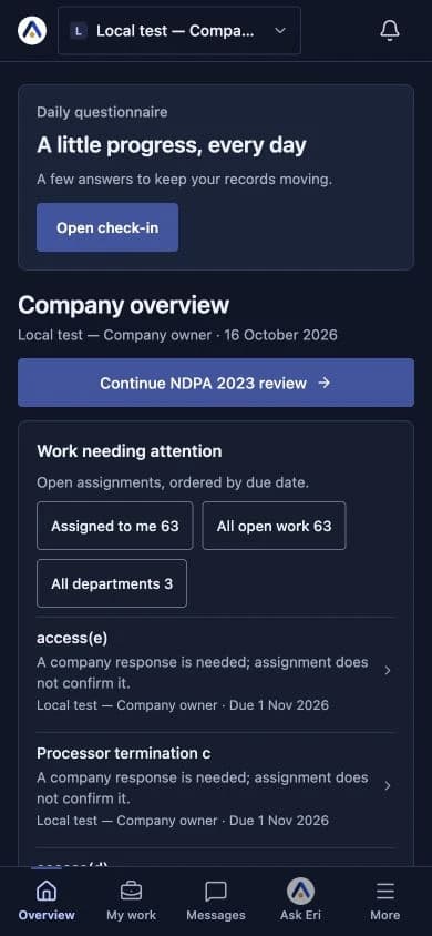 Asiri mobile client showing the fictional company workspace