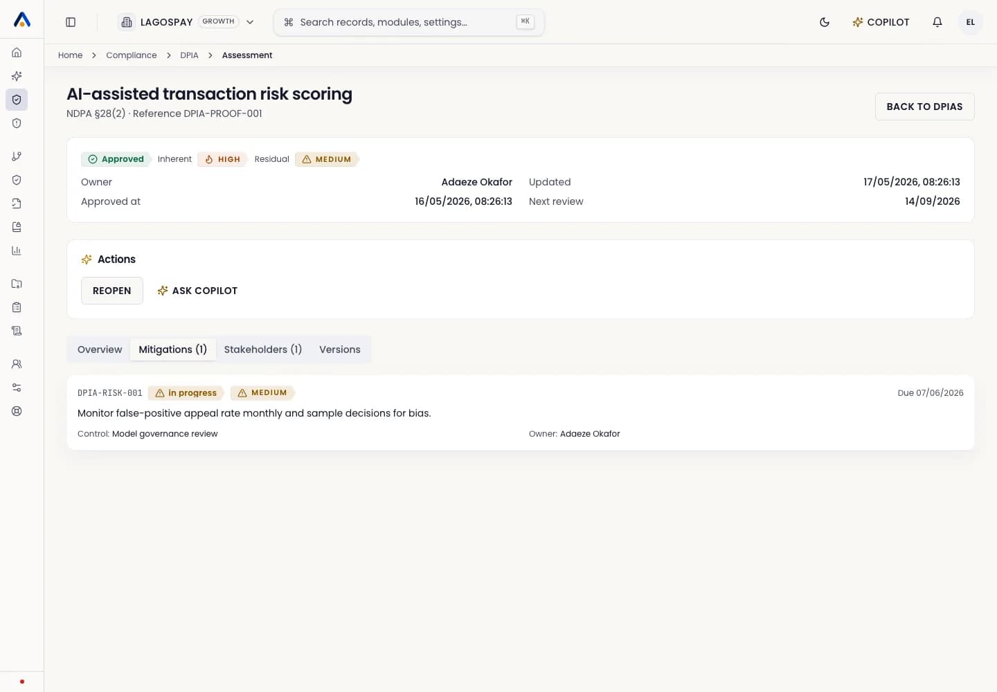 ASIRI DPIA review screen showing risk rating, mitigations, and reviewer status.
