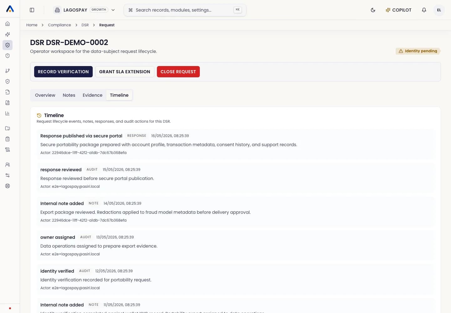 ASIRI DSR detail screen showing lifecycle status, owner actions, and request evidence.
