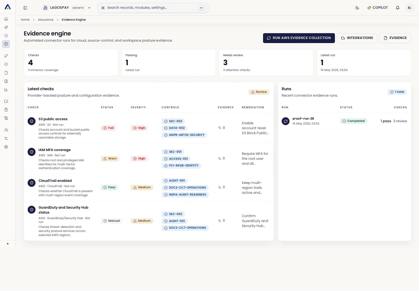 ASIRI evidence engine showing evidence runs, control links, and freshness status.