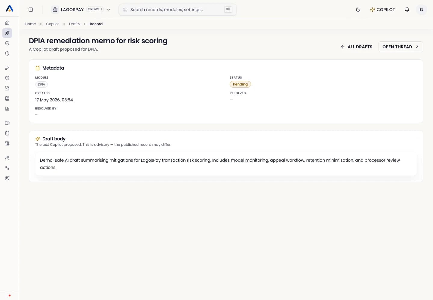ASIRI regulatory intelligence draft showing citations, review status, and source context.