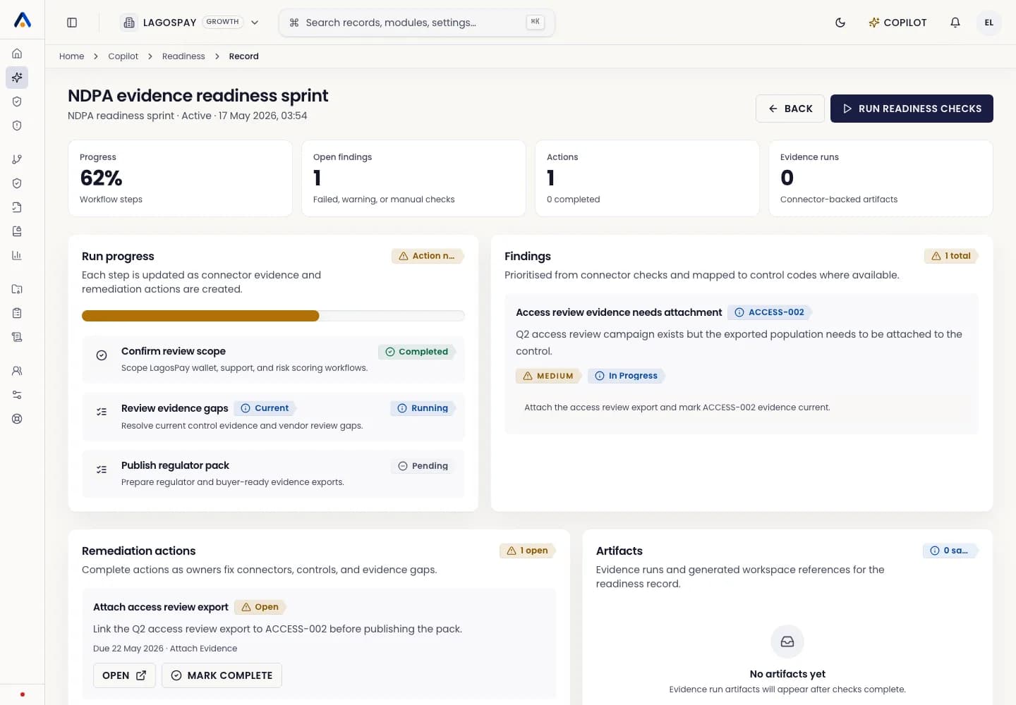 Asiri regulatory intelligence readiness workflow showing evidence gaps and remediation actions