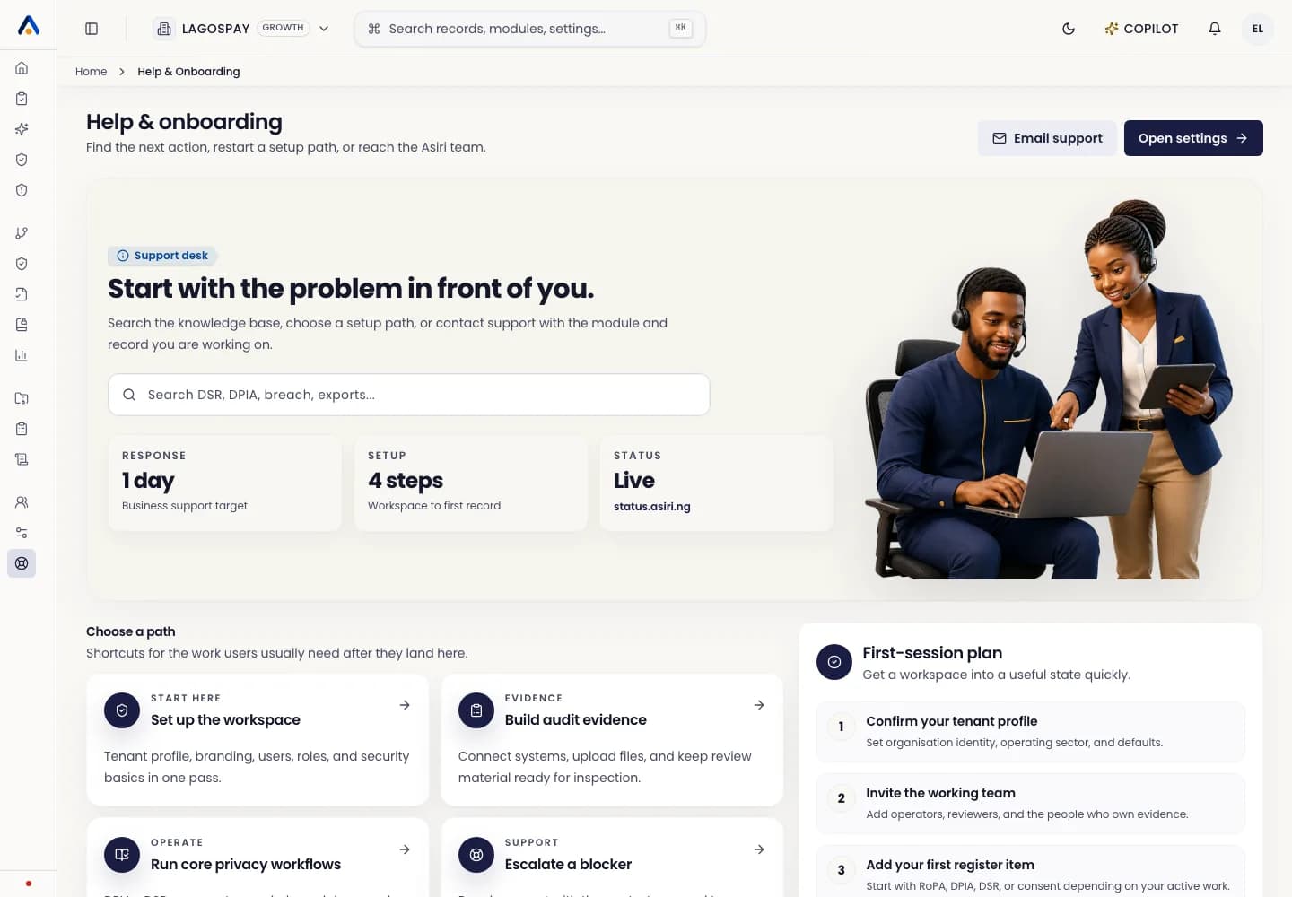 ASIRI in-app Help and onboarding page