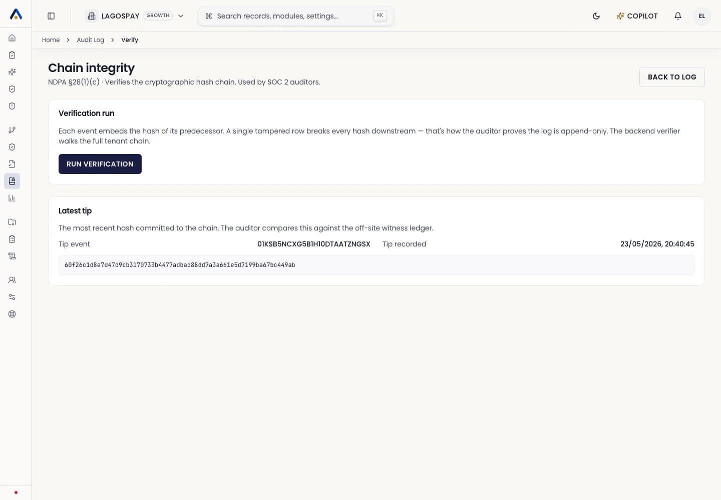ASIRI audit verification page for evidence exports