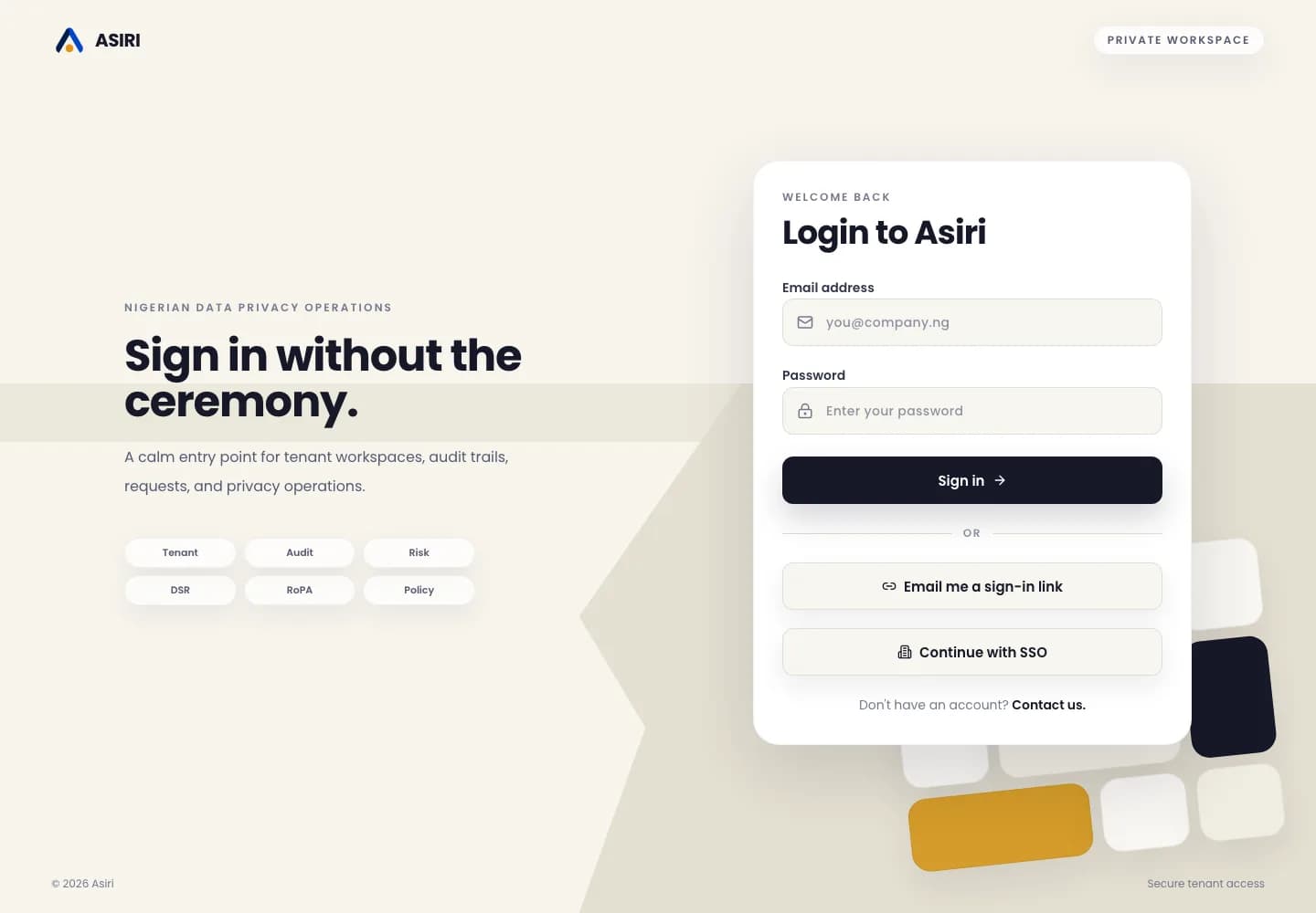 ASIRI sign-in page with password, magic link, and SSO options