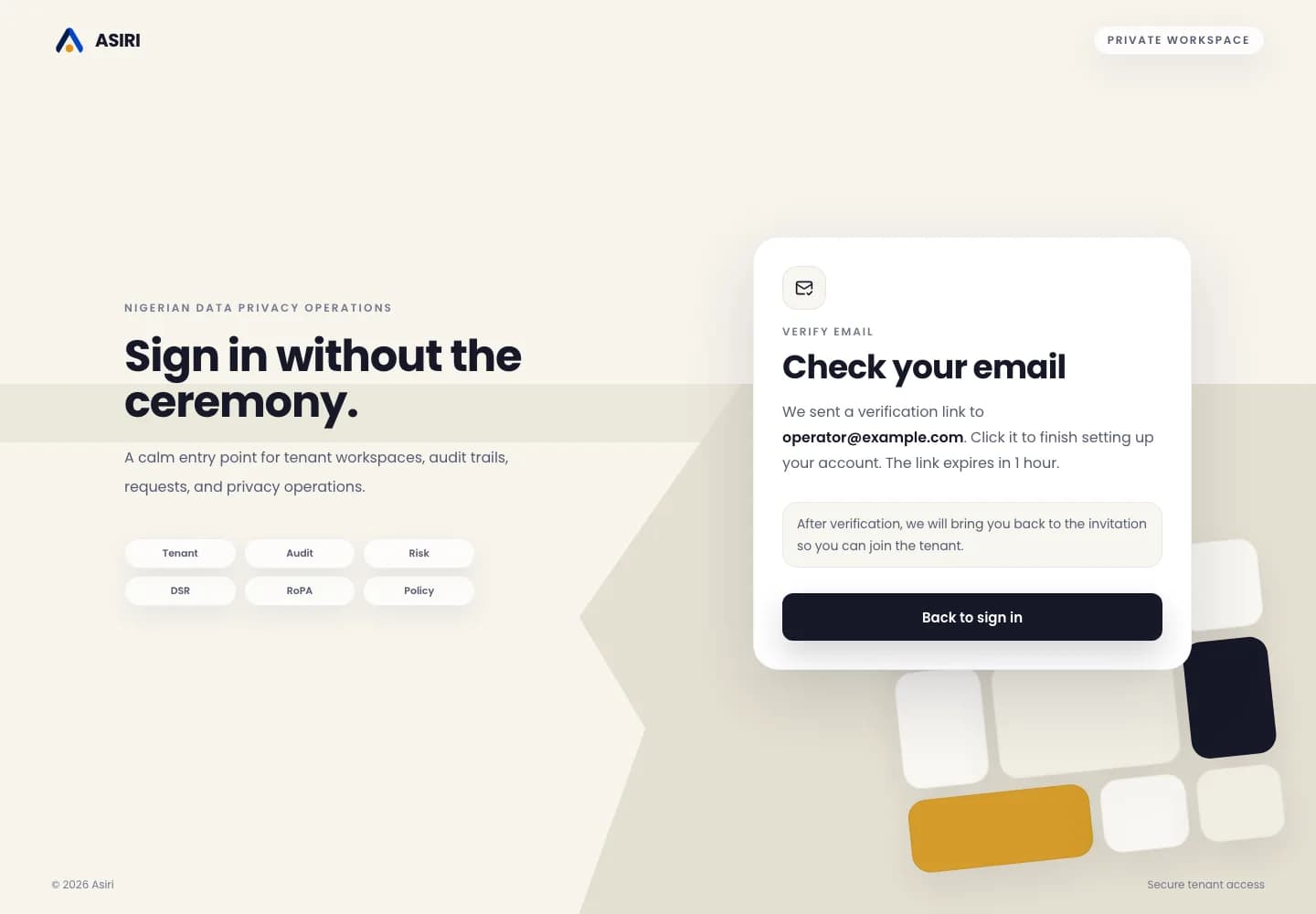 ASIRI verify email page after account creation