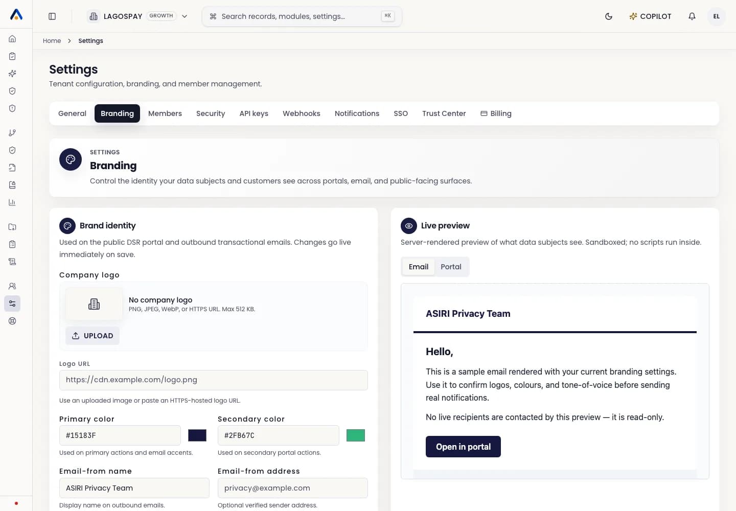 ASIRI Branding settings page with guided brand identity and live preview