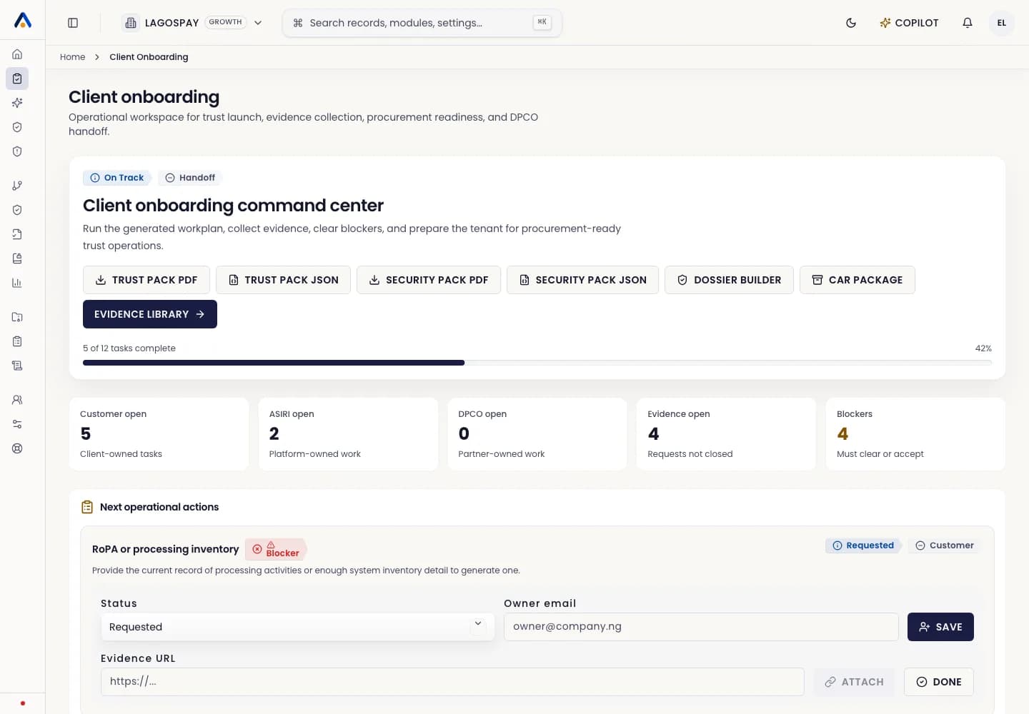 ASIRI client onboarding command center with workplan, blockers, and evidence tasks