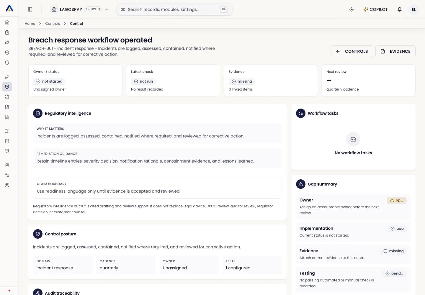 ASIRI control detail page with evidence and readiness status