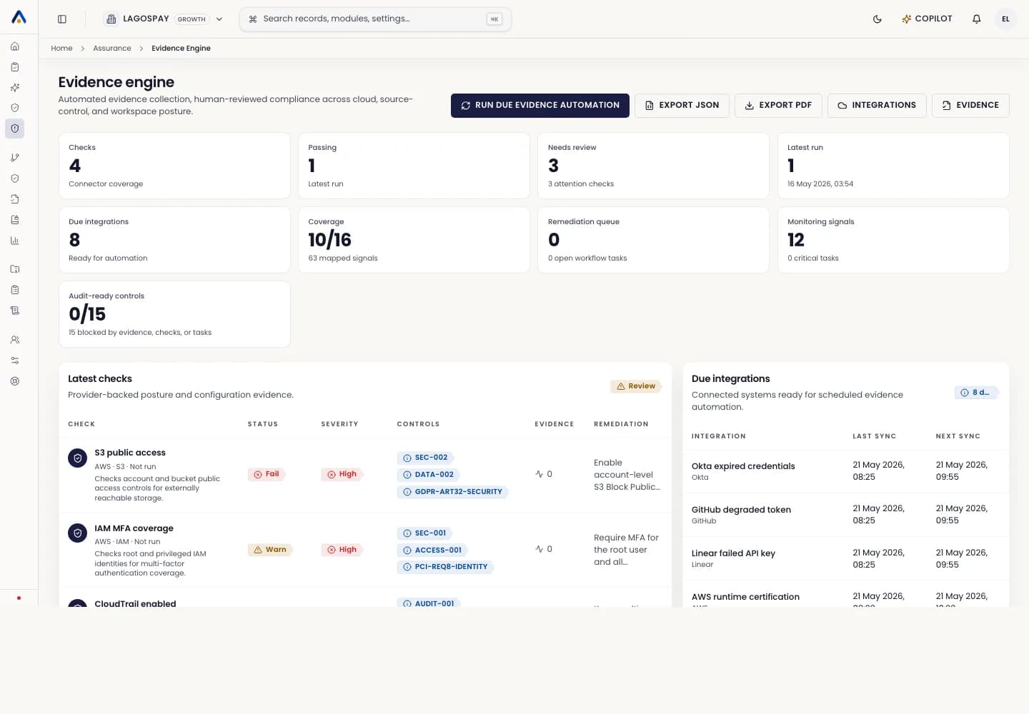 ASIRI evidence engine runs showing connector evidence status