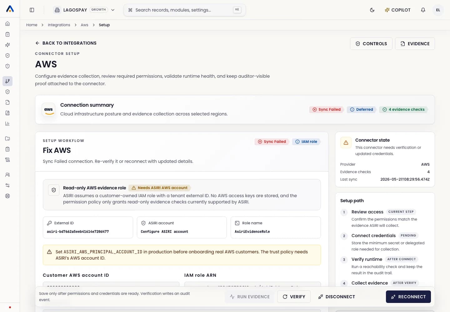 ASIRI AWS connector setup page with IAM role, external ID, regions, trust policy, and permission policy