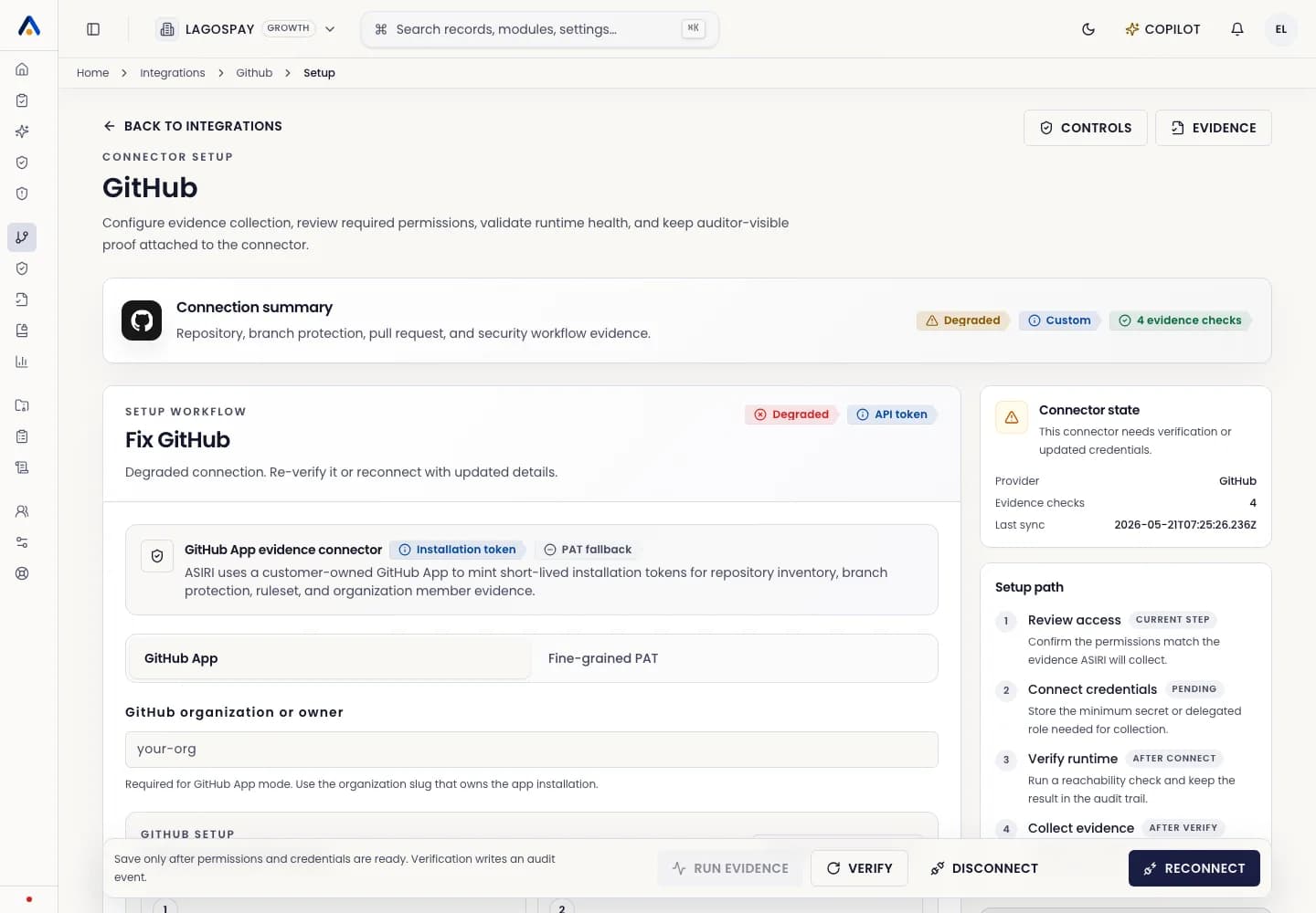 ASIRI GitHub connector setup page with GitHub App mode, setup steps, repository permissions, and organization permissions