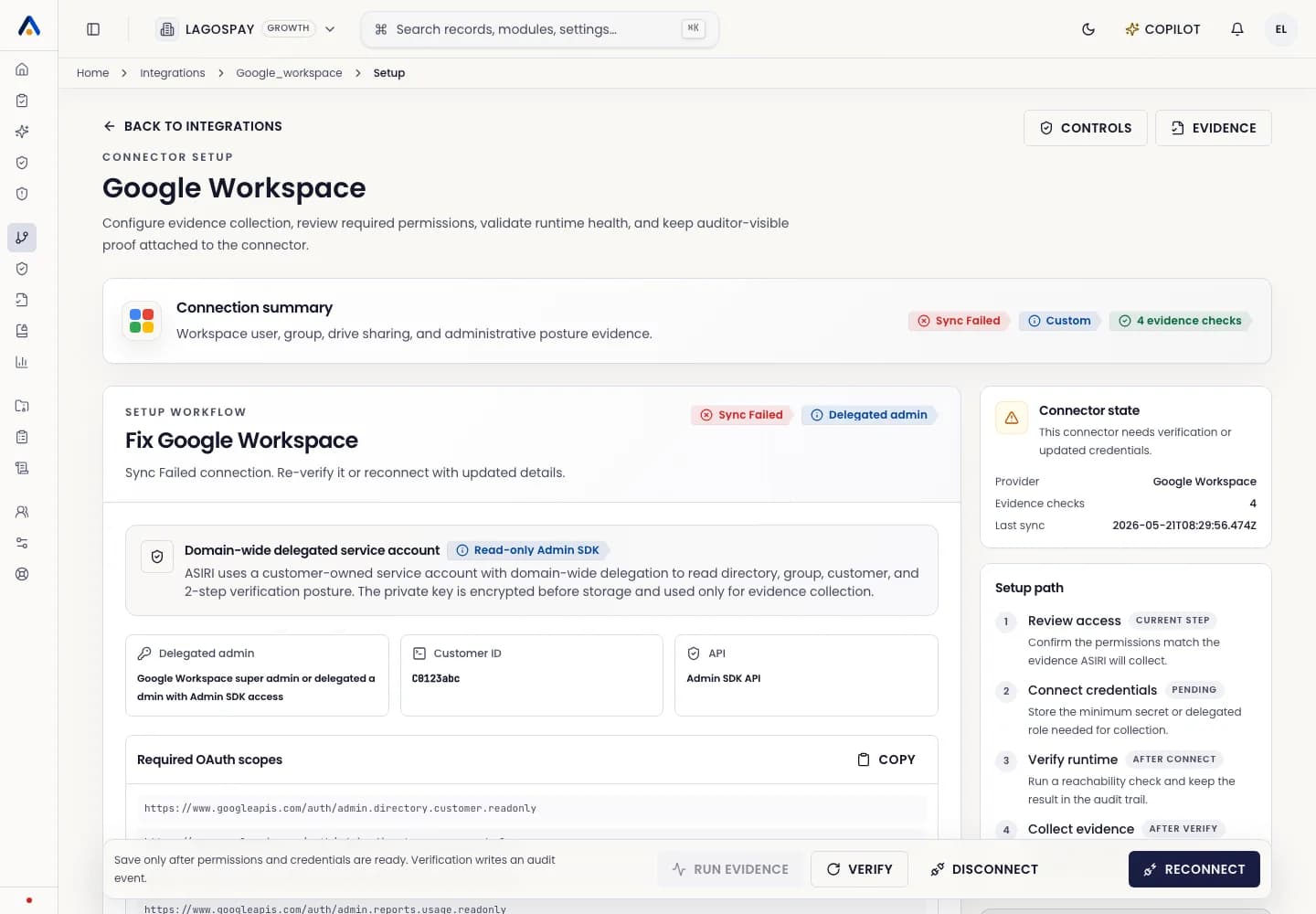 ASIRI Google Workspace connector setup page with scopes, delegated admin guidance, setup steps, and connection details