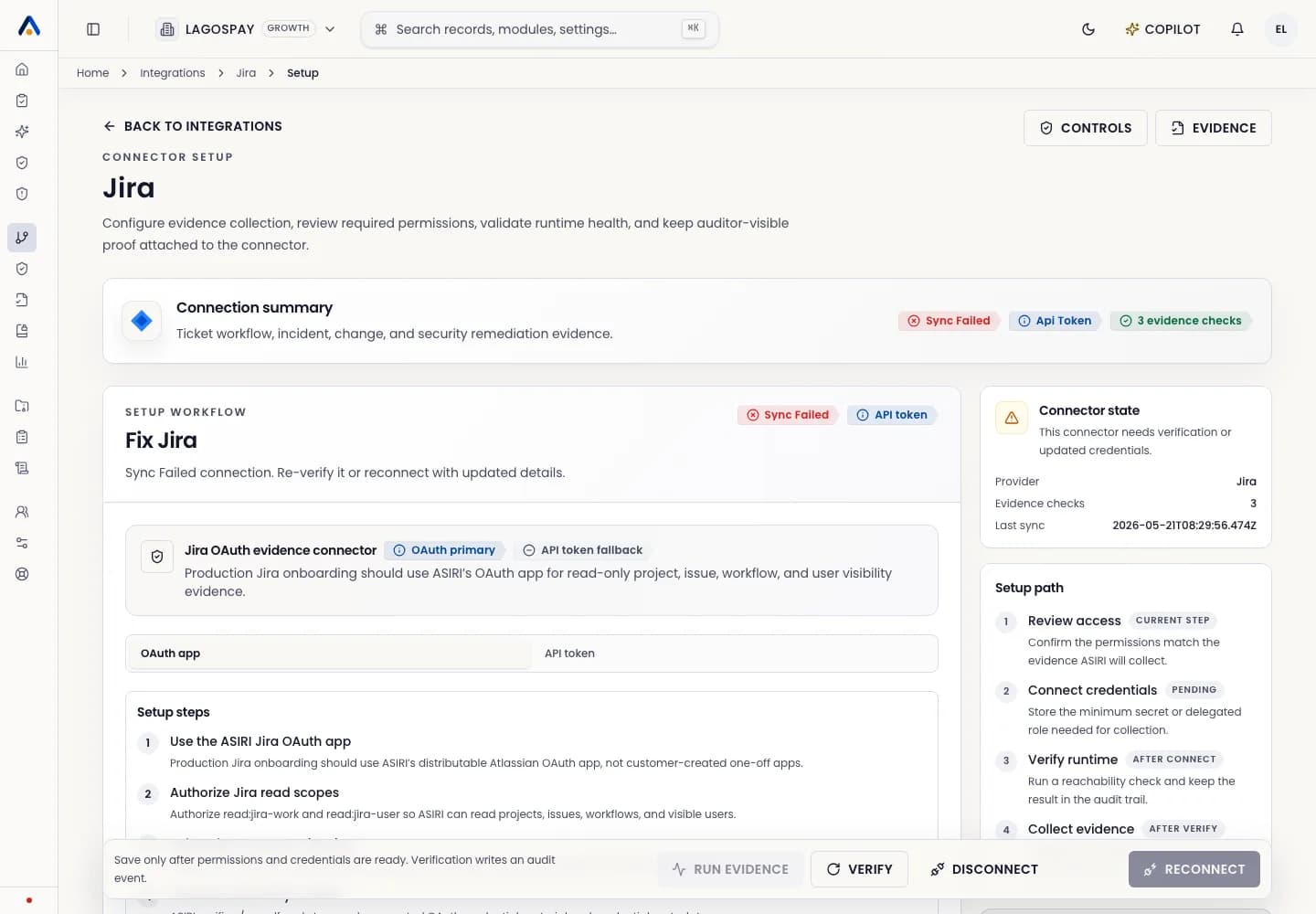 ASIRI Jira connector setup page with OAuth scopes, project details, monitored signals, and connection details