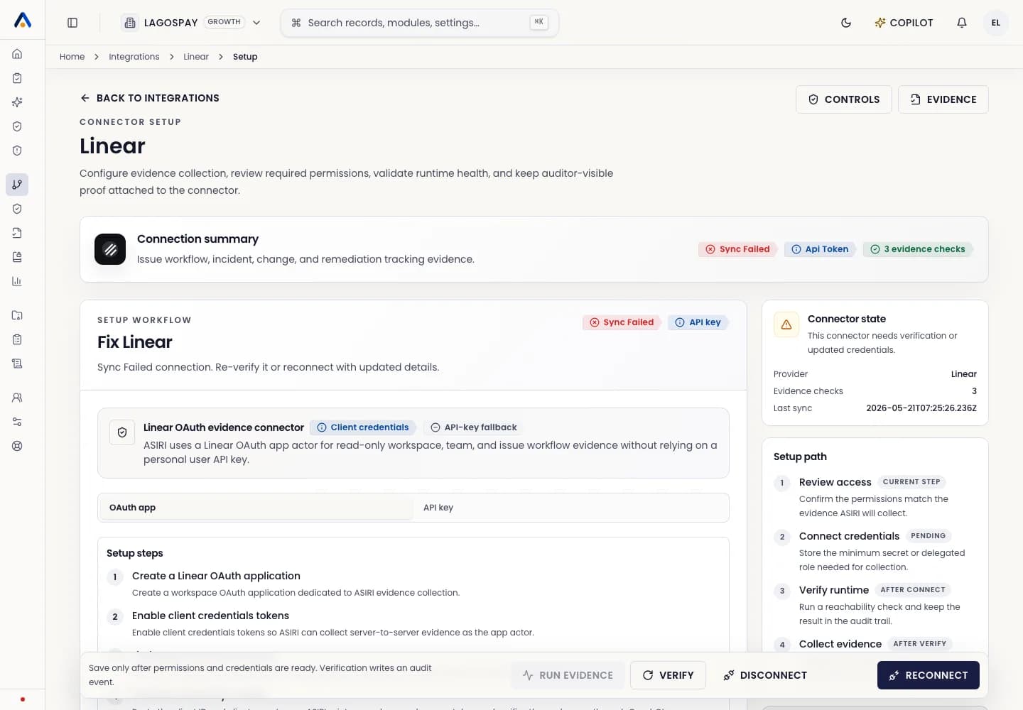 ASIRI Linear connector setup page with app setup, team scope, issue states, monitored signals, and connection details