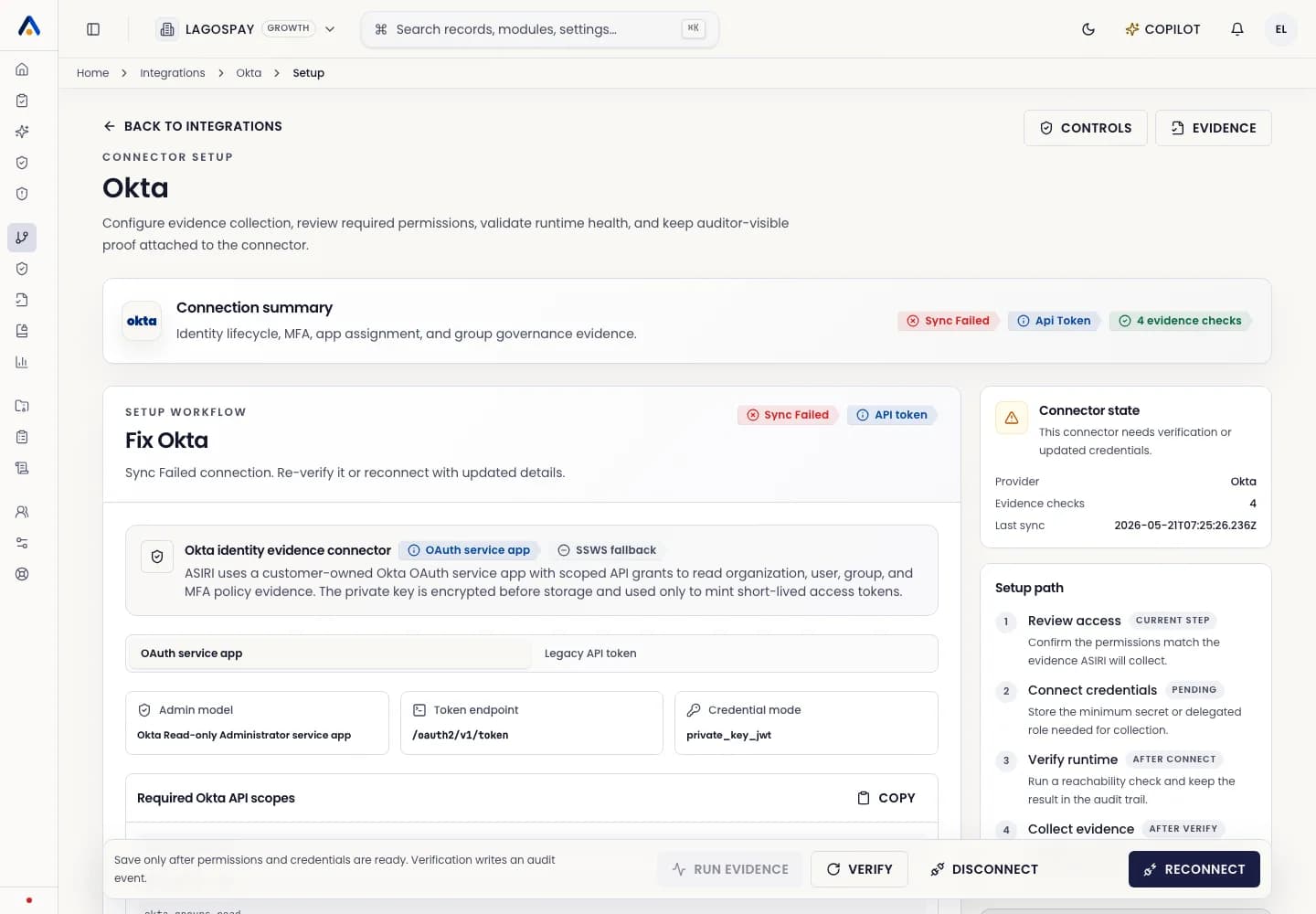 ASIRI Okta connector setup page with domain, client credentials, scopes, setup steps, and monitored identity signals
