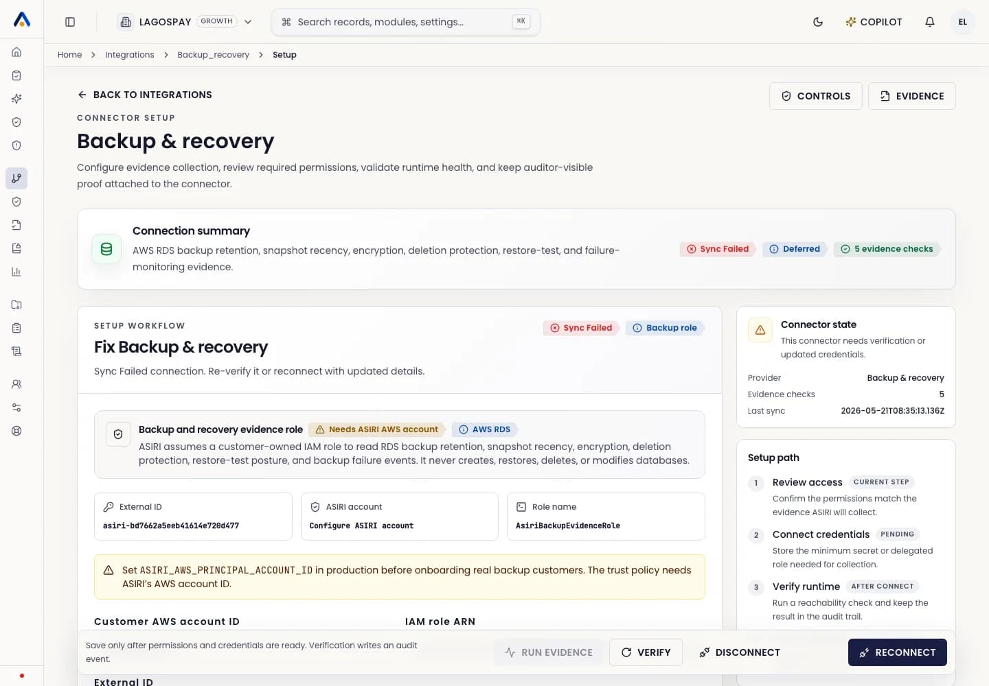 ASIRI RDS backup recovery connector setup page with IAM role, trust policy, permission policy, monitored signals, and connection health