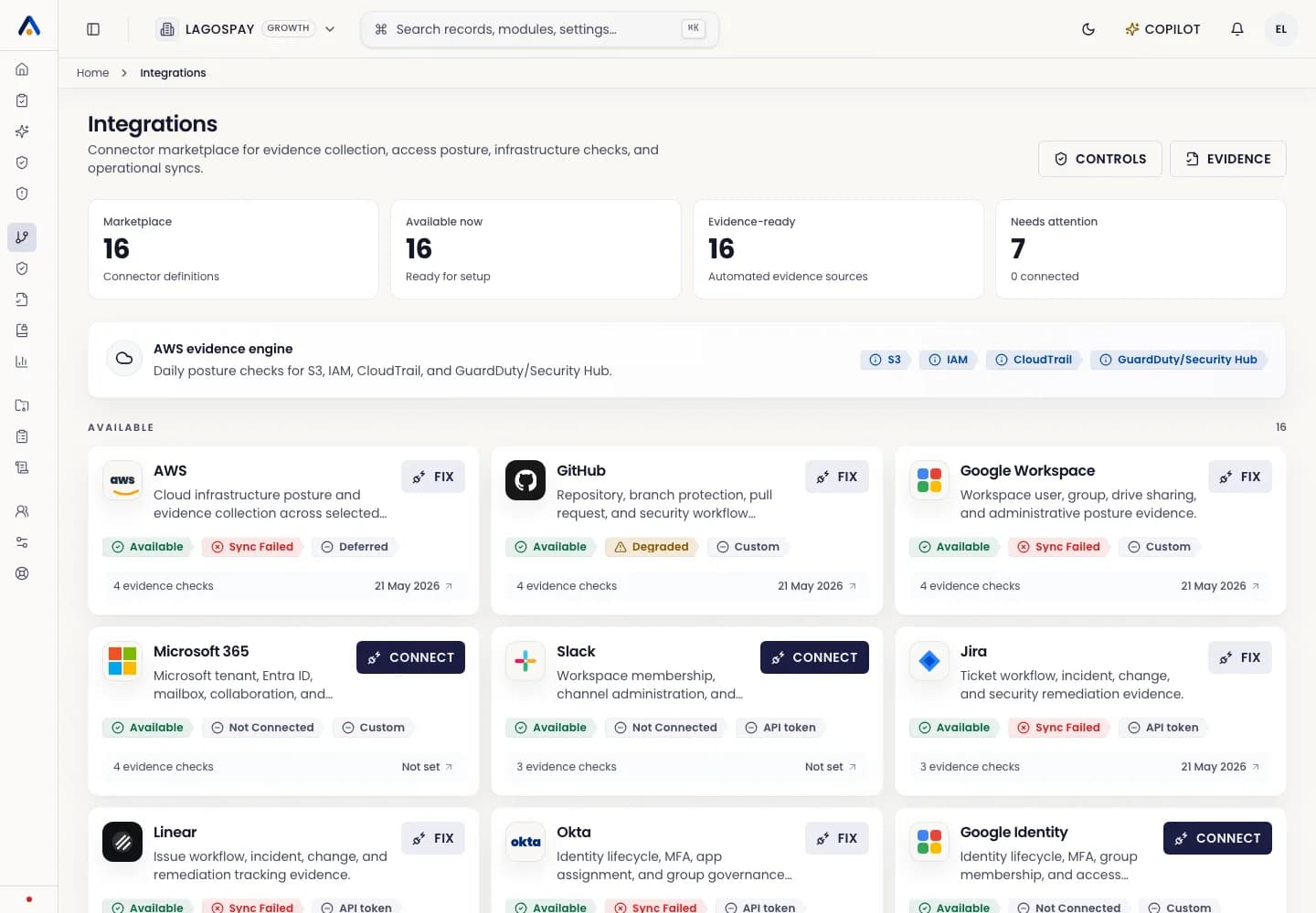 ASIRI integrations marketplace with connector cards