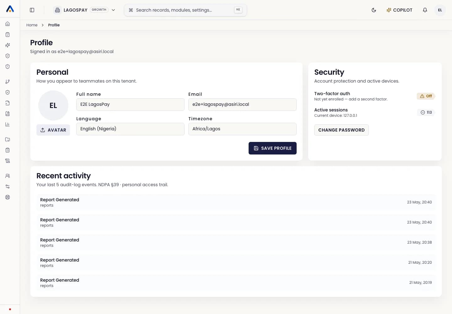 ASIRI profile page with personal profile, security, sessions, and recent activity