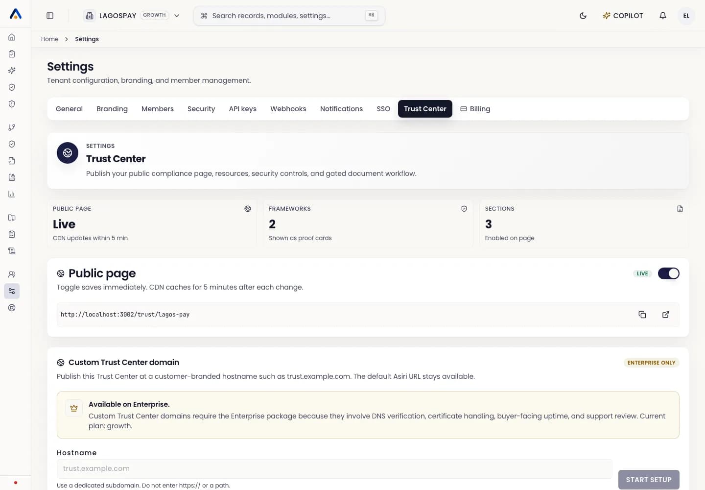 ASIRI Trust Center settings page with guided publication controls