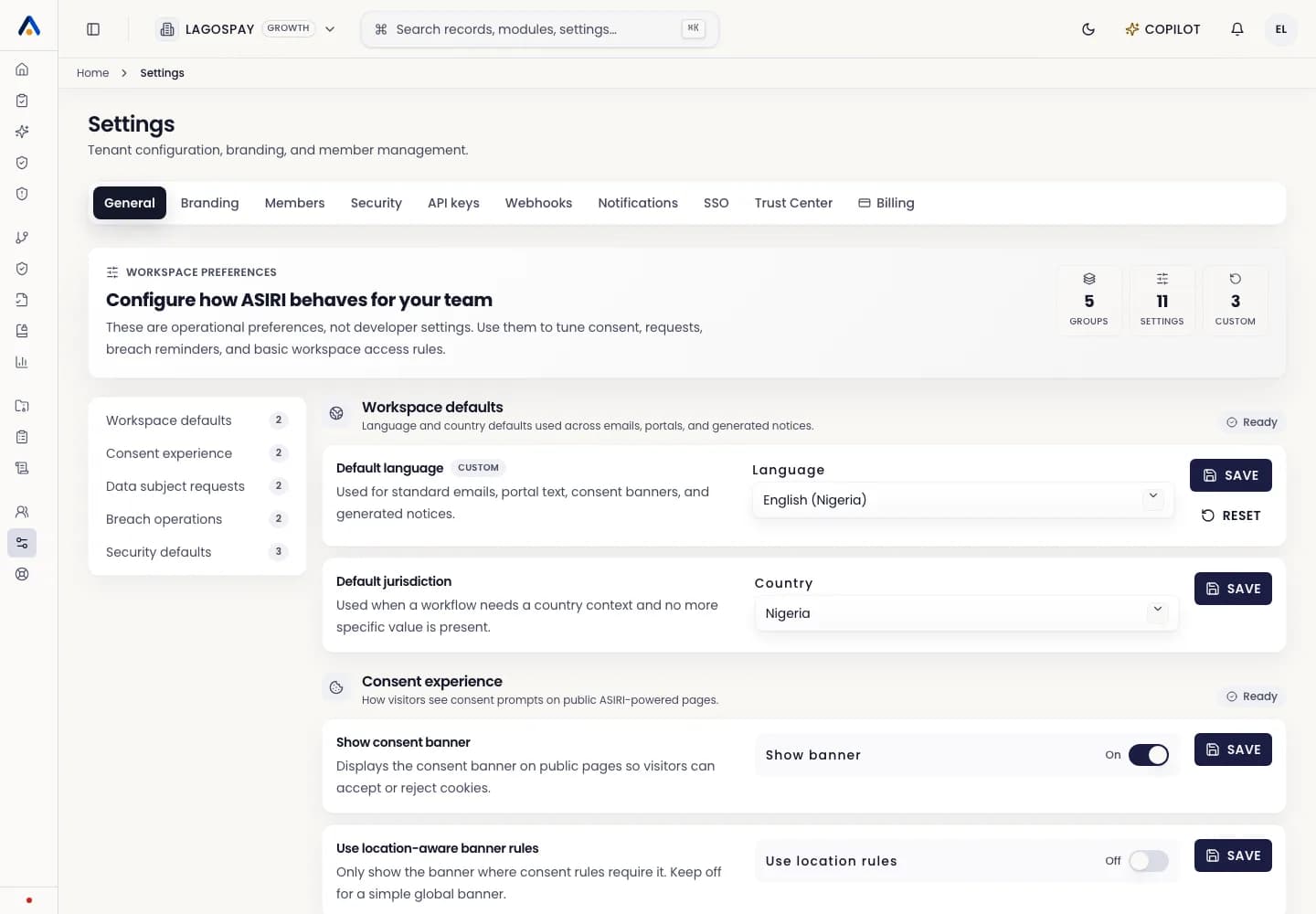 ASIRI tenant settings page with guided sections