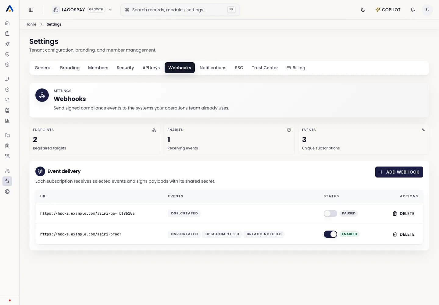ASIRI webhooks settings page