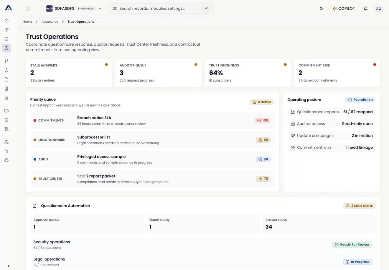 Asiri trust operations screen for consent and privacy workflow review