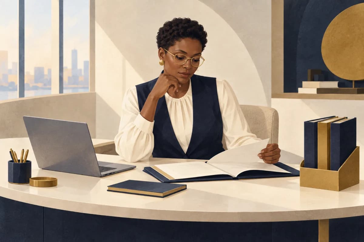 Illustration of a privacy adviser reviewing client records at a desk with organised client folders