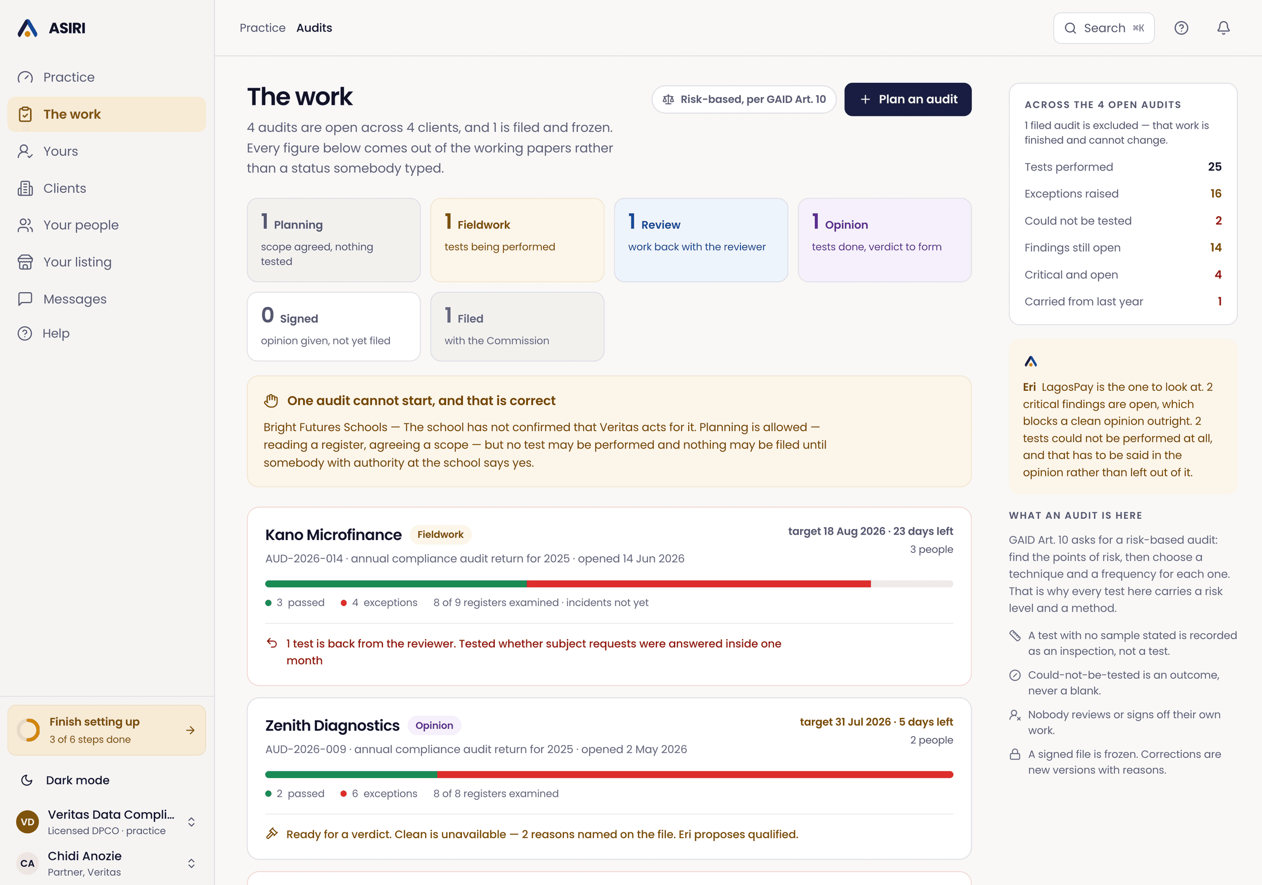 Asiri professional audit workspace showing audit stages, findings, client authorisation and reviewer follow-ups