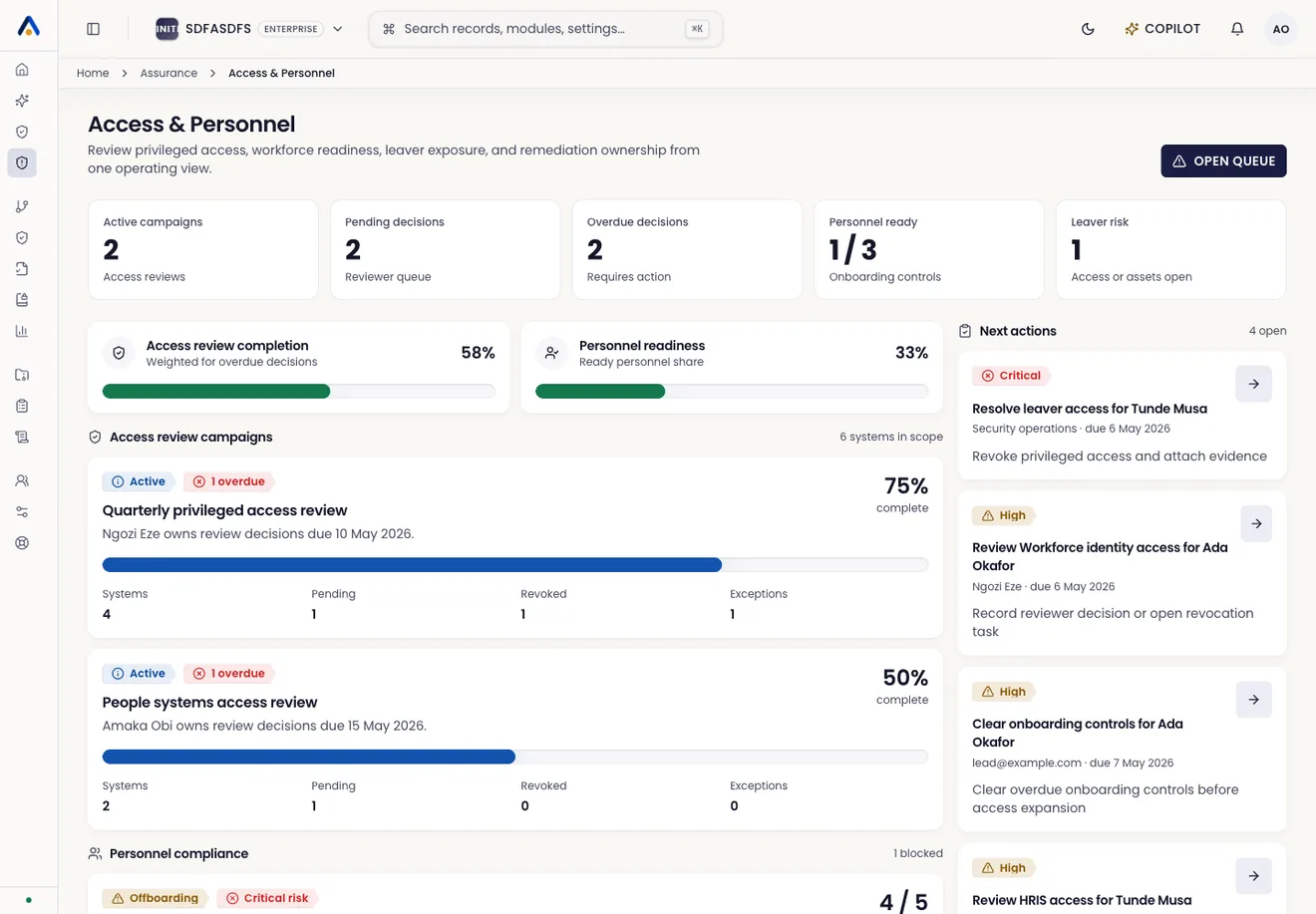 Asiri access workflow showing approvals, NDA collection, and audit trail