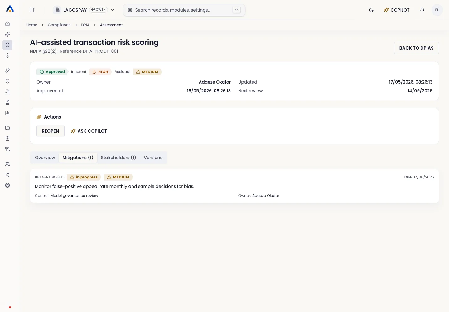 Asiri DPIA review screen with risk, mitigations, and approval workflow