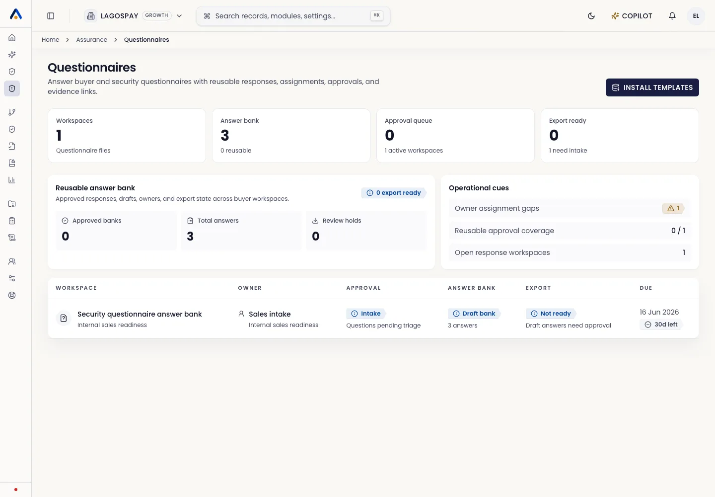 Asiri questionnaire workspace showing buyer questions and evidence-backed answers