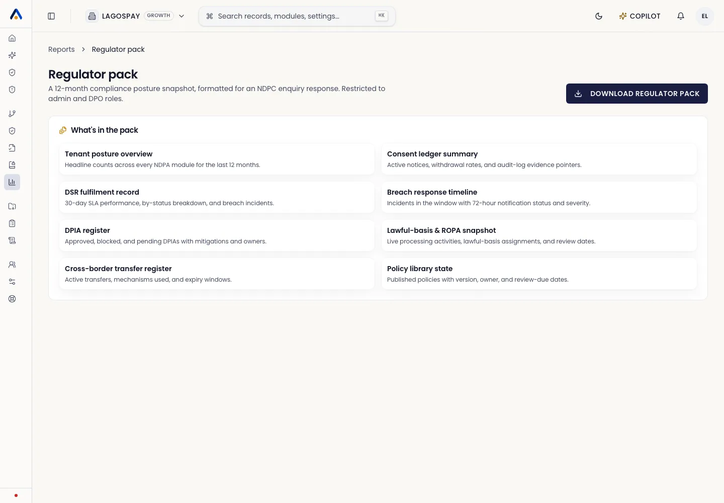 Asiri regulator pack export screen showing audit evidence summary