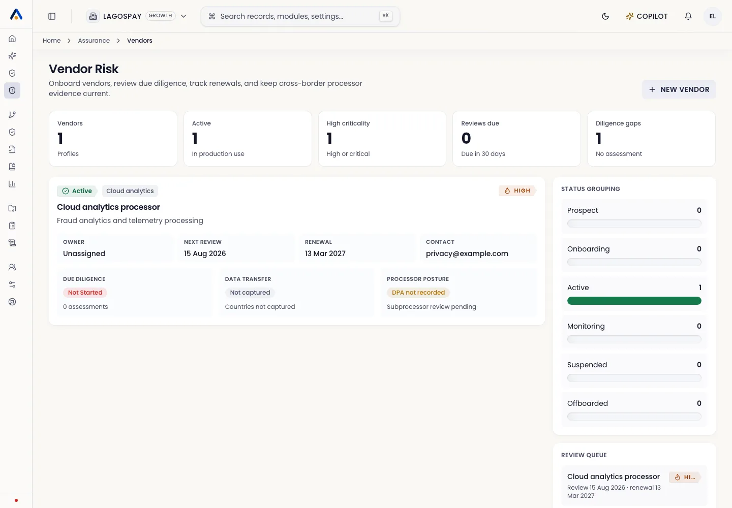 Asiri vendors register screen showing processor review and risk posture